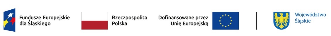 Ciąg znaków. Loga: Fundusze Europejskie dla Śląskiego, flaga Plski Rzeczpospoilita Polska, Dofinansowano przez Unię Europejską flaga unii, herb i tekst Województwo Śląskie